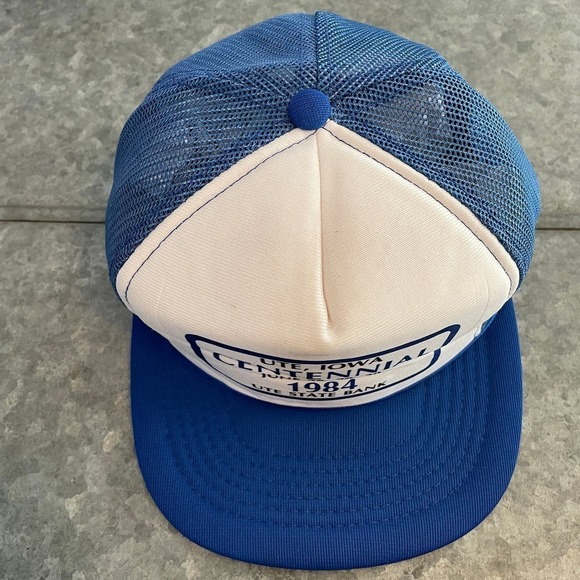 Vintage Ute Iowa 1984 Centennial State Bank Snapback Trucker Hat Blue White 80s - Picture 3 of 10